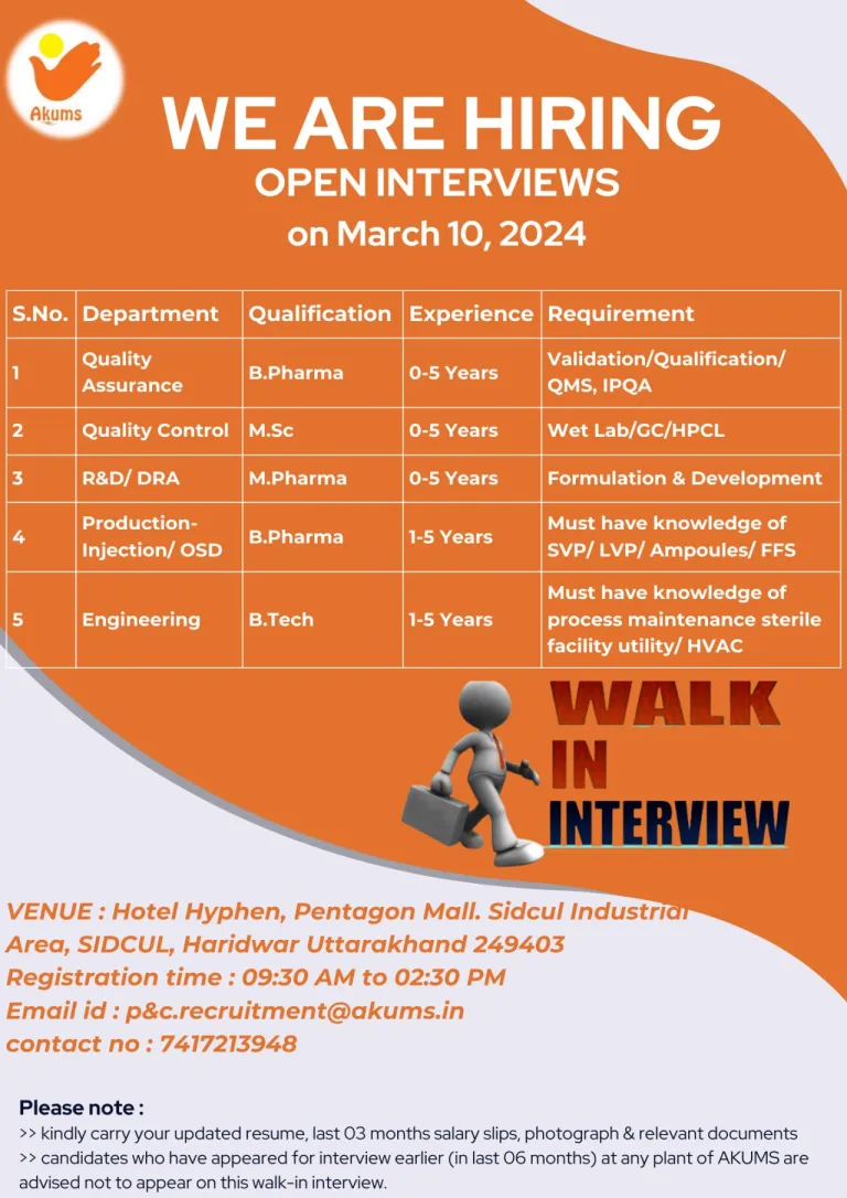 AKUMS DRUGS - Walk-In for Freshers & Experienced in QA, QC, Production, R&D, DRA, Engineering on 10th Mar 2024